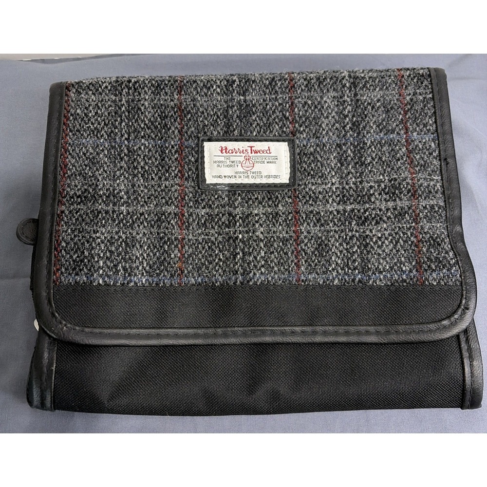Harris Tweed Wool Travel Toiletry Hanging Bag Grey Herringbone Zipper Pouch